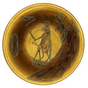 Vintage 1960s Egyptian Revival Bowl Hand Painted Studio Art Pottery Gold Luster